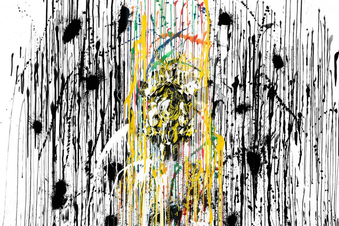 Faint cuckoo clock behind black and yellow vertical lines.