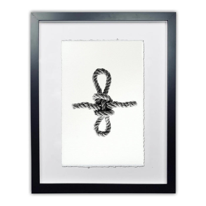 Framed Sheepshank Nautical Knot print on handmade Nepalese paper, black and white, with a black frame.