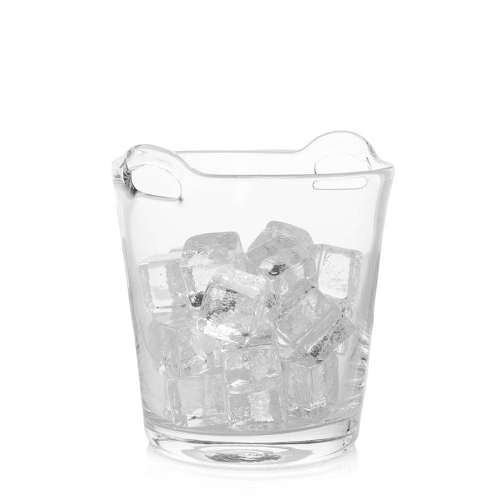 Small clear glass ice bucket with integrated handles, filled with ice cubes.