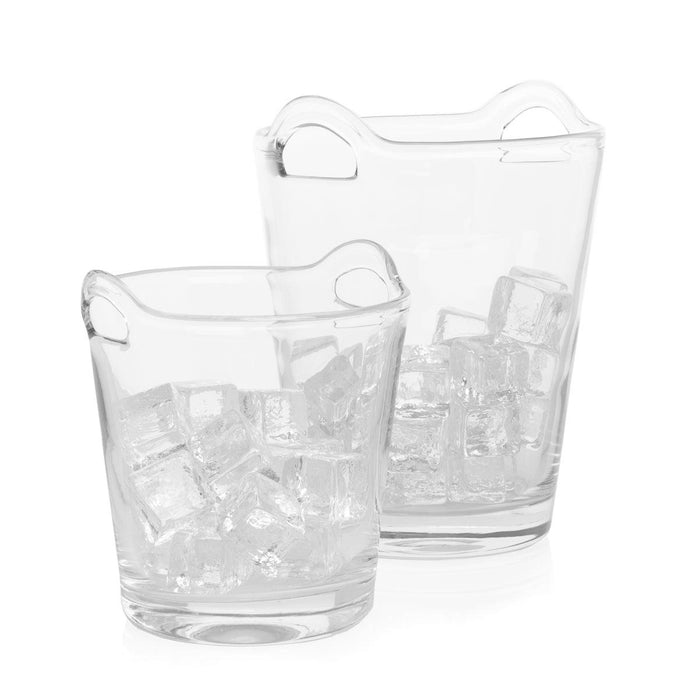 Two clear handblown glass ice buckets with integrated handles, filled with ice.