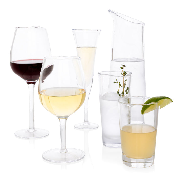 Clear, thick, air-blown glass drinkware collection: red wine, white wine, champagne flute, water pitcher, and shot glass.