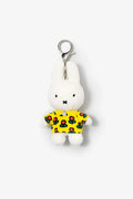 Smoko Miffy Tulip Bag Charm: A white rabbit plush keychain wearing a floral yellow shirt with a metal clasp for easy attachment.