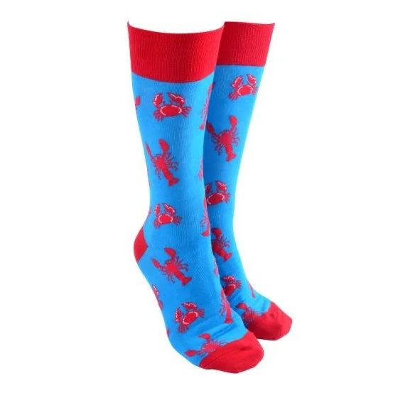 Blue socks with red accents and lobster pattern