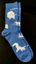 A pair of men's plus size blue socks with a white squirrel design.