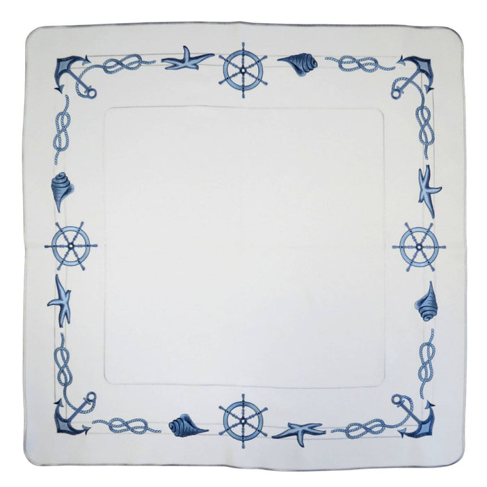 white square linen tablecloth blue nautical border anchors rope ship wheel embroidery Funke Germany