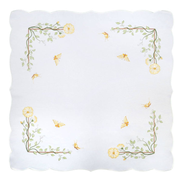 White square linen tablecloth with scalloped edges, floral vine embroidery, yellow flowers, and butterfly accents