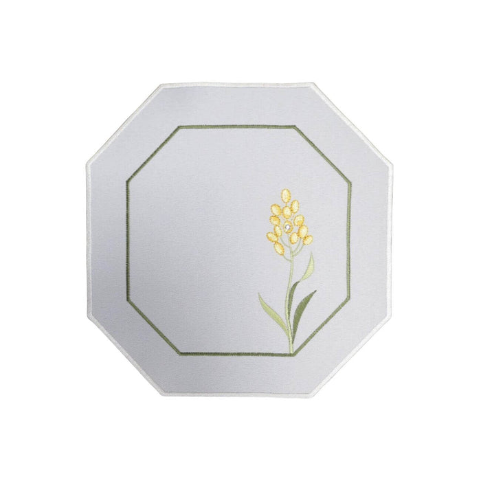 White linen square with yellow flower embroidery Summer Meadow small table linen Germany