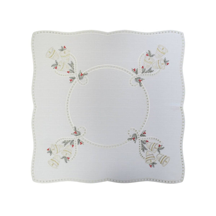 White square table linen with embroidered Christmas bells and holly corner design