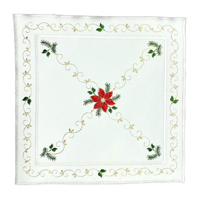 white square linen table topper poinsettia green leaves gold embroidery Funke Germany