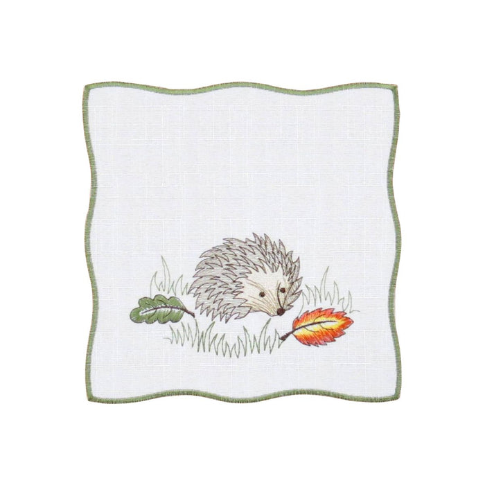 White linen square with hedgehog embroidery small table linen doily Funke Germany