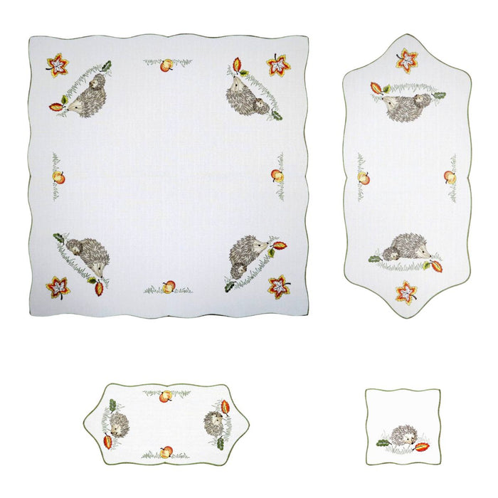 White linen table linens with hedgehogs apples and autumn leaves set including table cloth runner and placemats