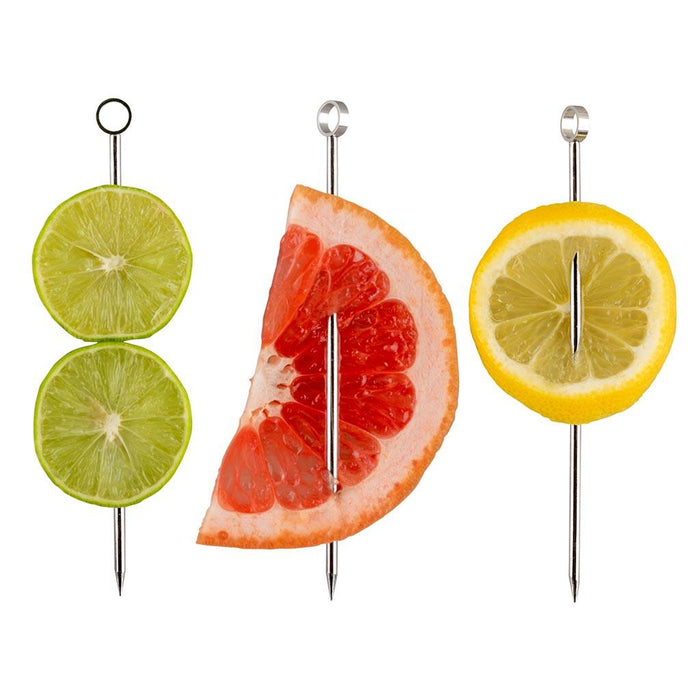 Set of 3.75"L stainless steel cocktail picks, each holding a slice of citrus fruit.