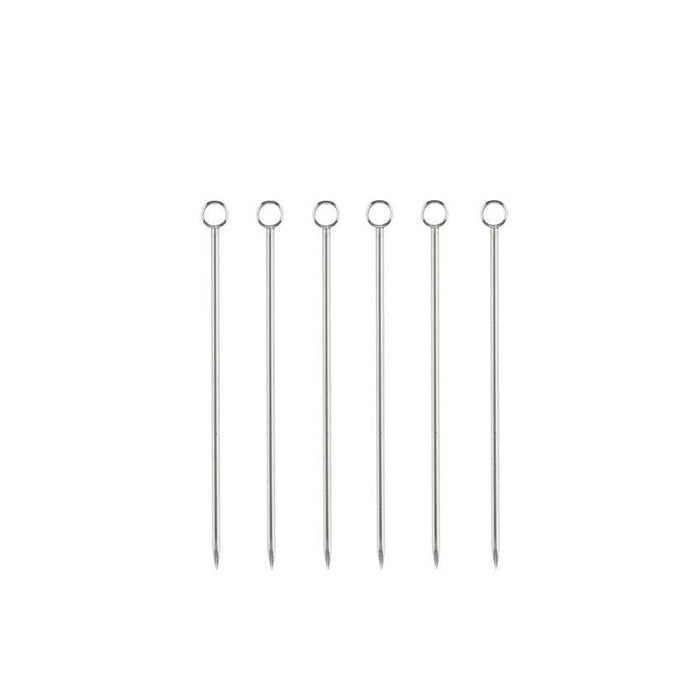Set of 6 silver stainless steel cocktail picks, 3.75" long, with loop tops and pointed ends.