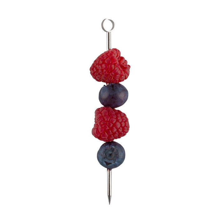 Stainless steel cocktail pick, 3.75"L, holding two red raspberries and two blue blueberries.
