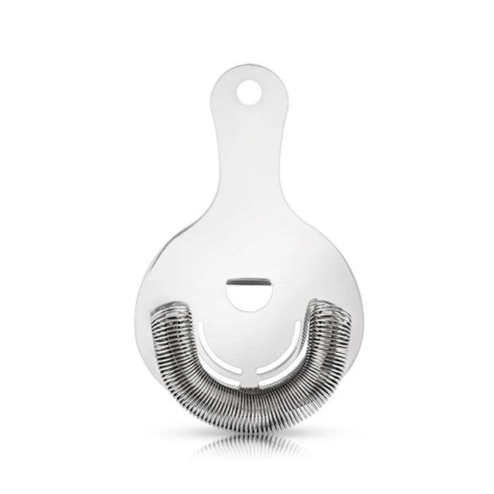 Stainless steel Hawthorne cocktail strainer with a polished finish and tight spring coil.