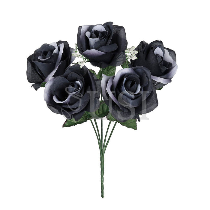 Standard Open Rose Flower Bush w Gypsophila x5, 14in, Black White