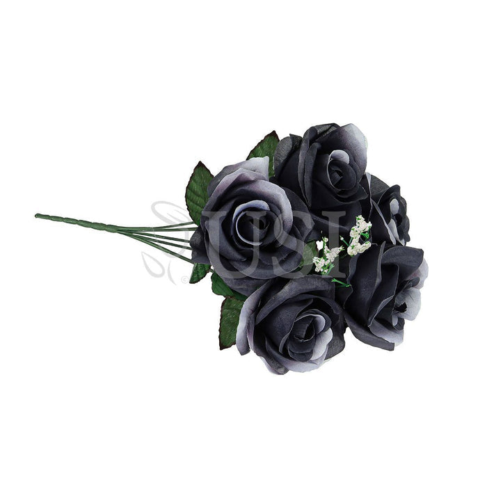 Standard Open Rose Flower Bush w Gypsophila x5, 14in, Black White