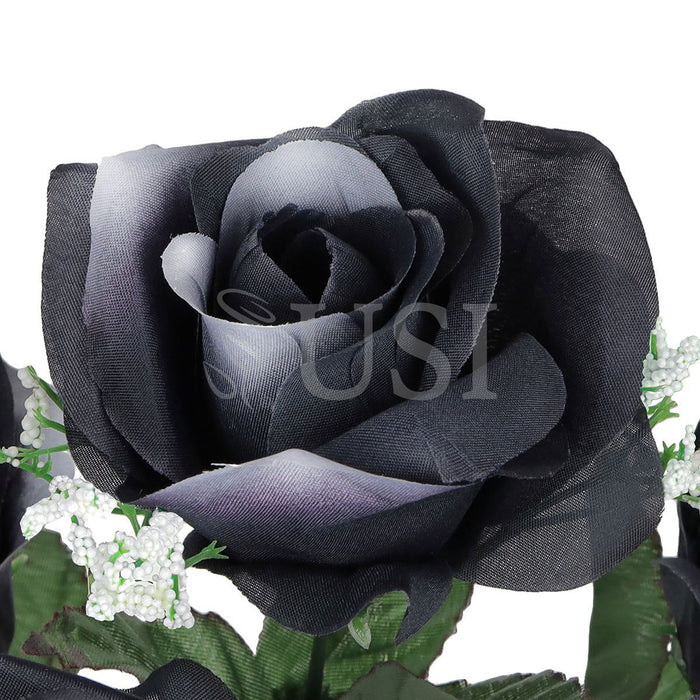 Standard Open Rose Flower Bush w Gypsophila x5, 14in, Black White