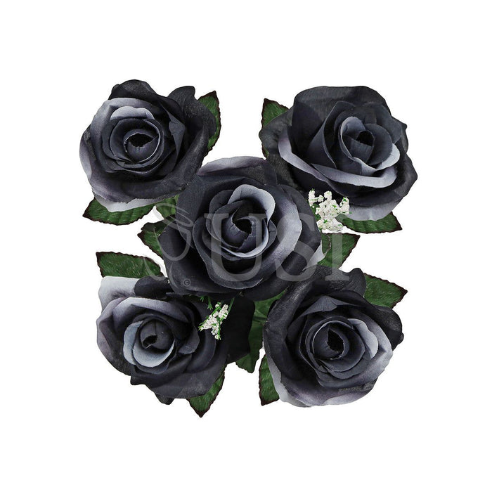 Standard Open Rose Flower Bush w Gypsophila x5, 14in, Black White