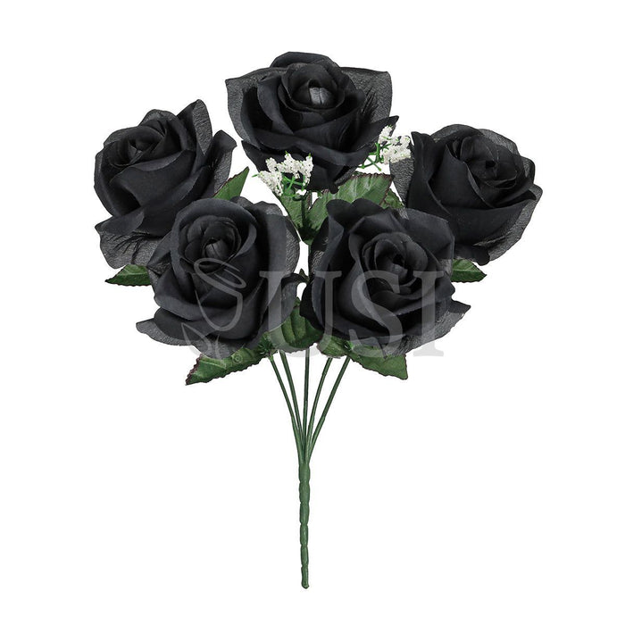 Standard Open Rose Flower Bush w Gypsophila x5, 14in, Black