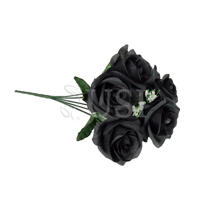 Standard Open Rose Flower Bush w Gypsophila x5, 14in, Black