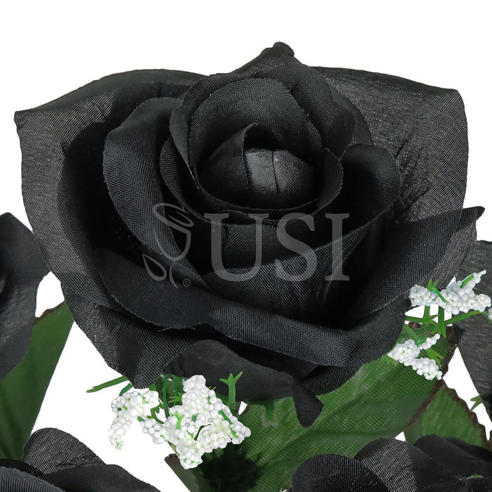 Standard Open Rose Flower Bush w Gypsophila x5, 14in, Black