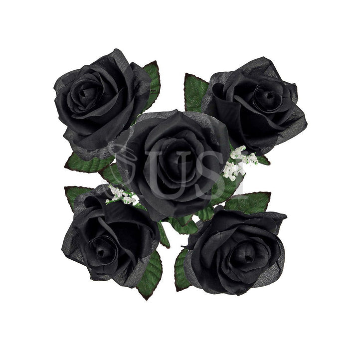 Standard Open Rose Flower Bush w Gypsophila x5, 14in, Black
