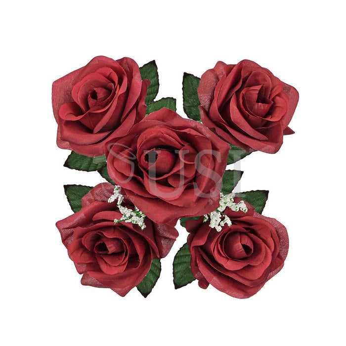Standard Open Rose Flower Bush w Gypsophila x5, 14in, Burgundy