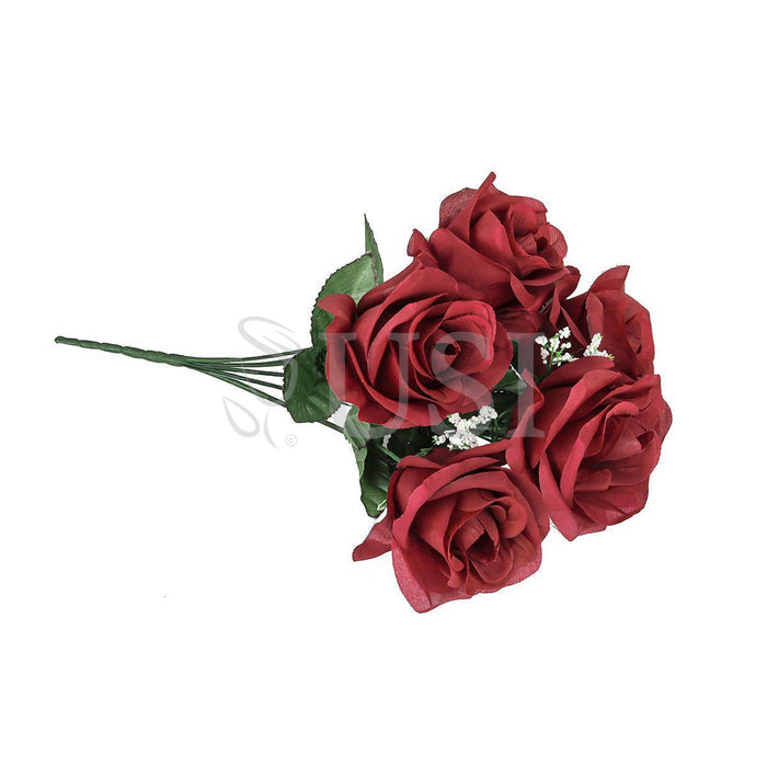Standard Open Rose Flower Bush w Gypsophila x5, 14in, Burgundy