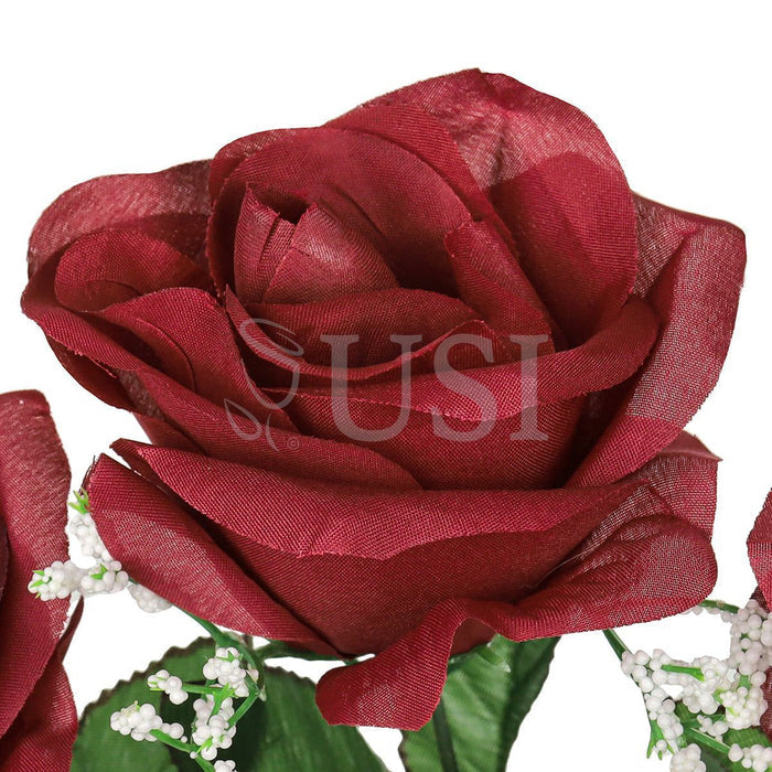 Standard Open Rose Flower Bush w Gypsophila x5, 14in, Burgundy