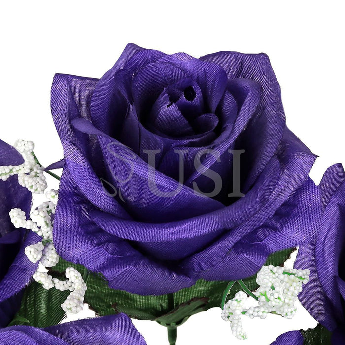 Standard Open Rose Flower Bush w Gypsophila x5, 14in, Dark Purple