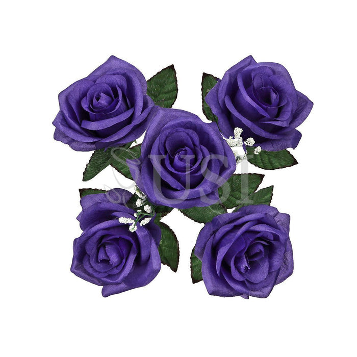 Standard Open Rose Flower Bush w Gypsophila x5, 14in, Dark Purple
