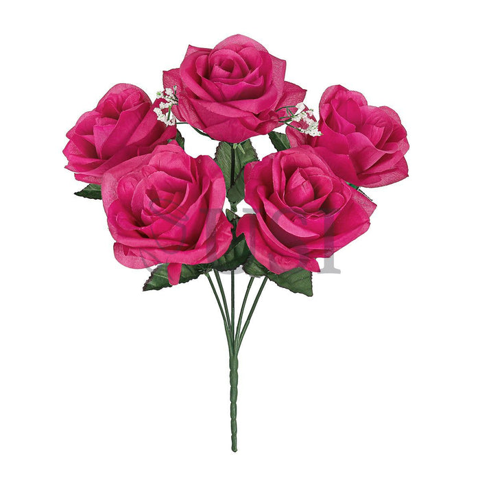 Standard Open Rose Flower Bush w Gypsophila x5, 14in, Hot Pink