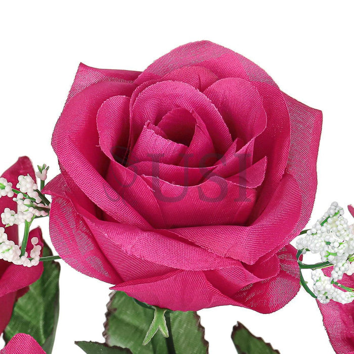 Standard Open Rose Flower Bush w Gypsophila x5, 14in, Hot Pink