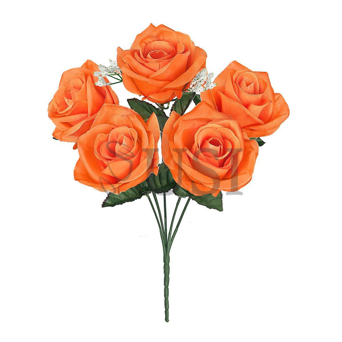 Standard Open Rose Flower Bush w Gypsophila x5, 14in, Orange