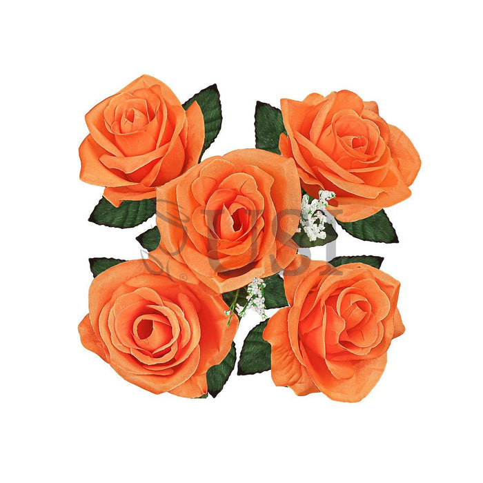 Standard Open Rose Flower Bush w Gypsophila x5, 14in, Orange