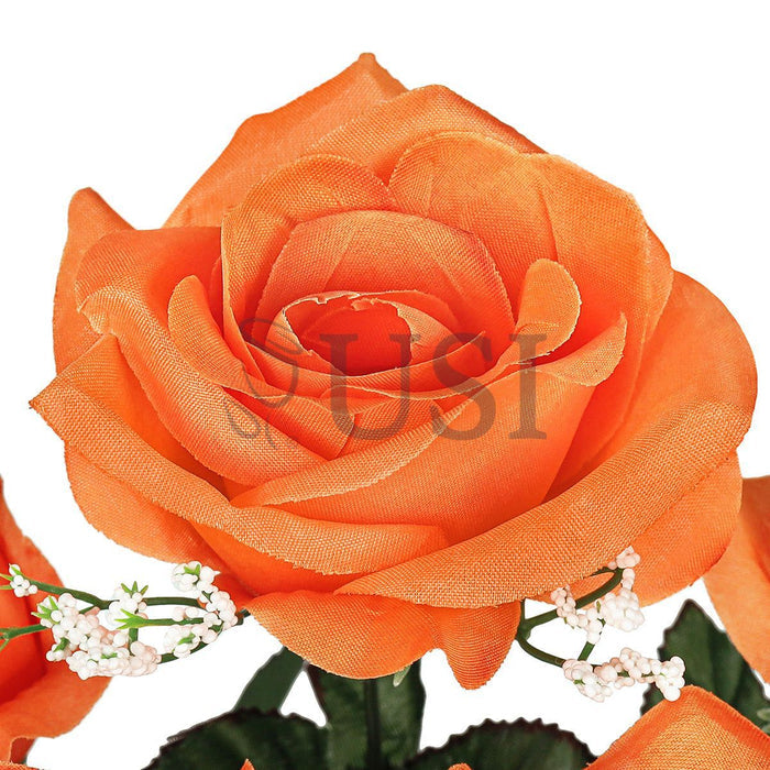 Standard Open Rose Flower Bush w Gypsophila x5, 14in, Orange