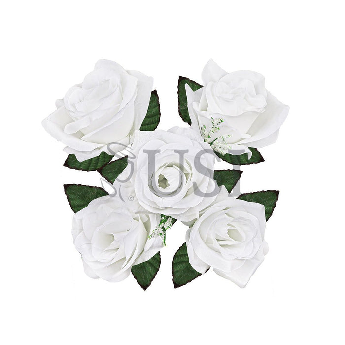 Standard Open Rose Flower Bush w Gypsophila x5, 14in, White