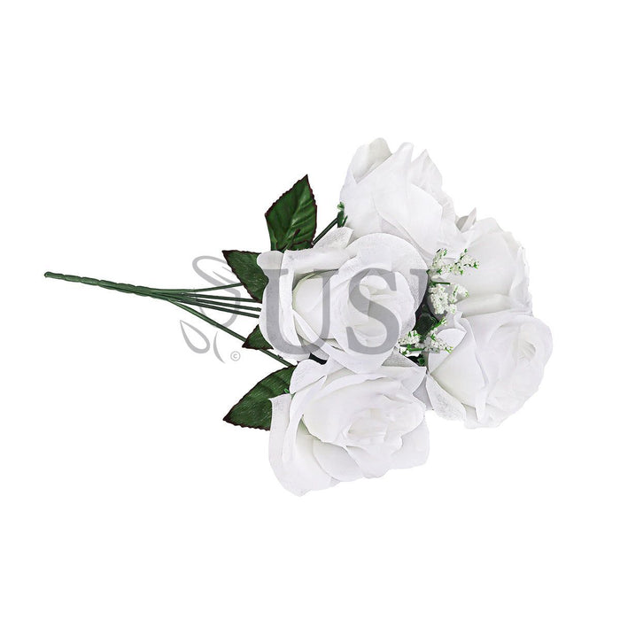 Standard Open Rose Flower Bush w Gypsophila x5, 14in, White