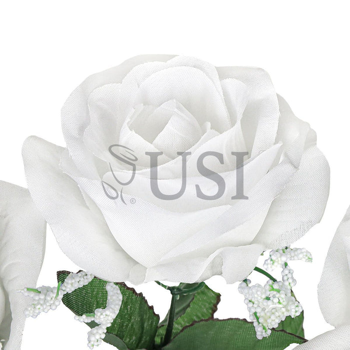 Standard Open Rose Flower Bush w Gypsophila x5, 14in, White