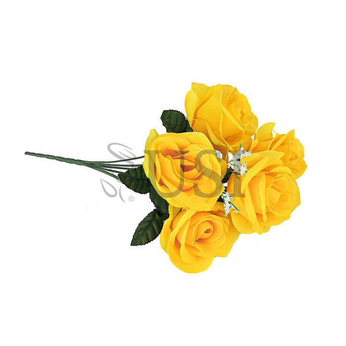 Standard Open Rose Flower Bush w Gypsophila x5, 14in, Yellow