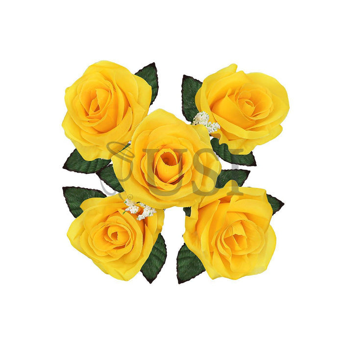 Standard Open Rose Flower Bush w Gypsophila x5, 14in, Yellow