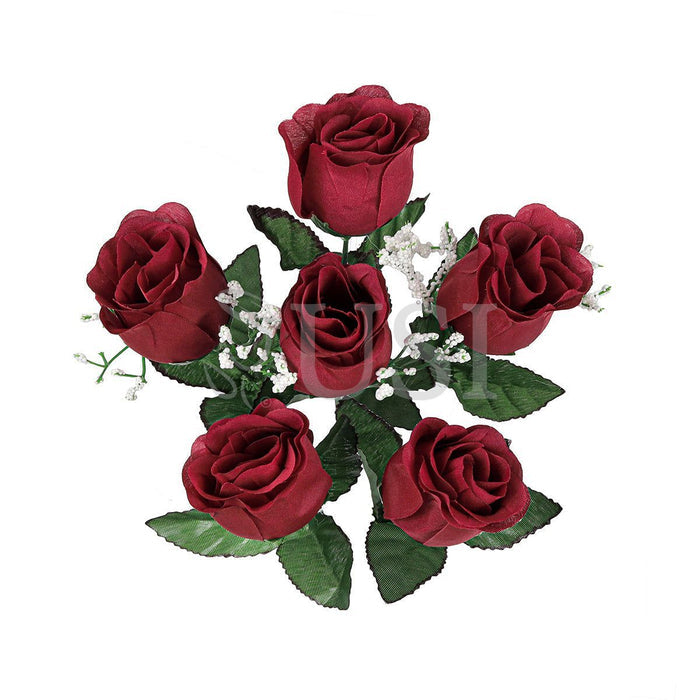 Standard Rose Bud Flower Bush w Gypsophila x6, 14in, Burgundy