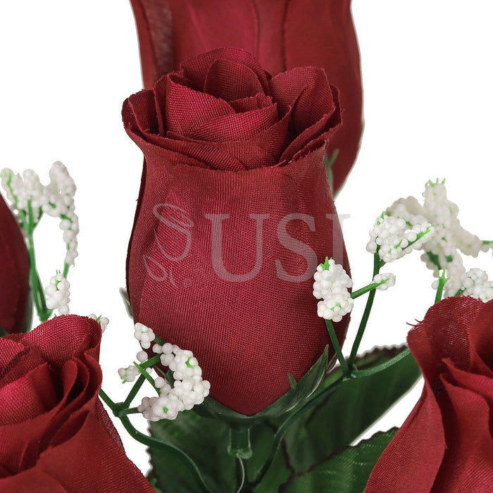 Standard Rose Bud Flower Bush w Gypsophila x6, 14in, Burgundy