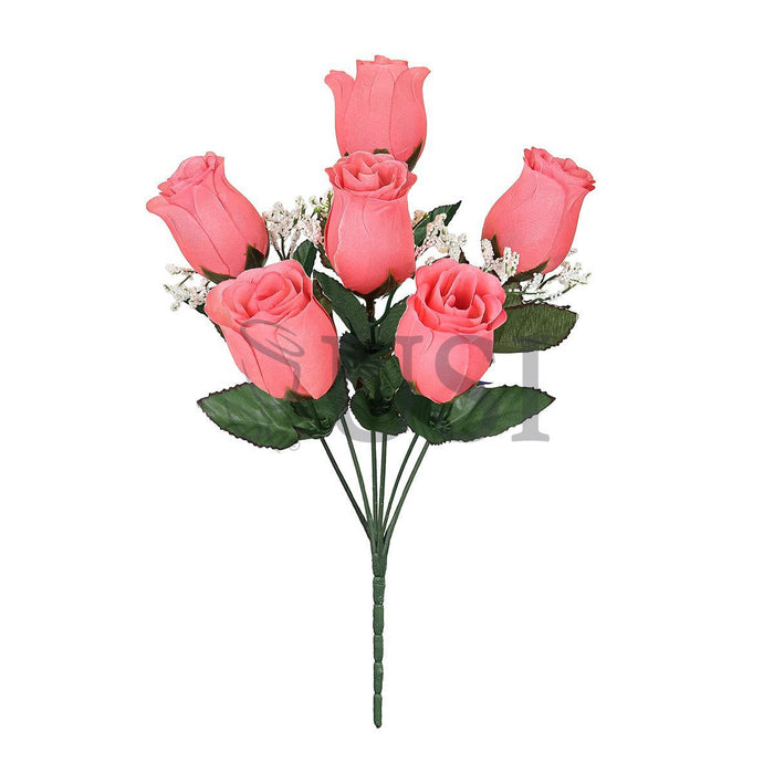 Standard Rose Bud Flower Bush w Gypsophila x6, 14in, Coral