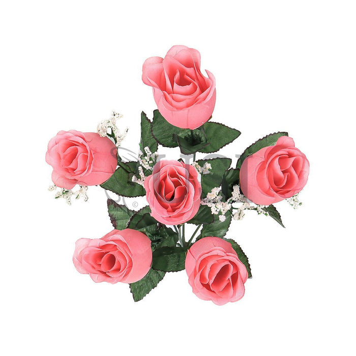 Standard Rose Bud Flower Bush w Gypsophila x6, 14in, Coral