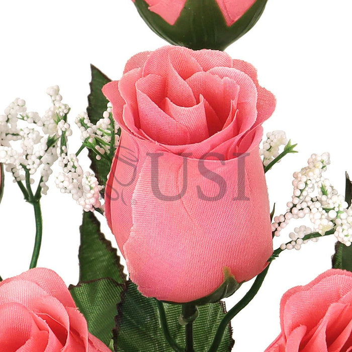 Standard Rose Bud Flower Bush w Gypsophila x6, 14in, Coral