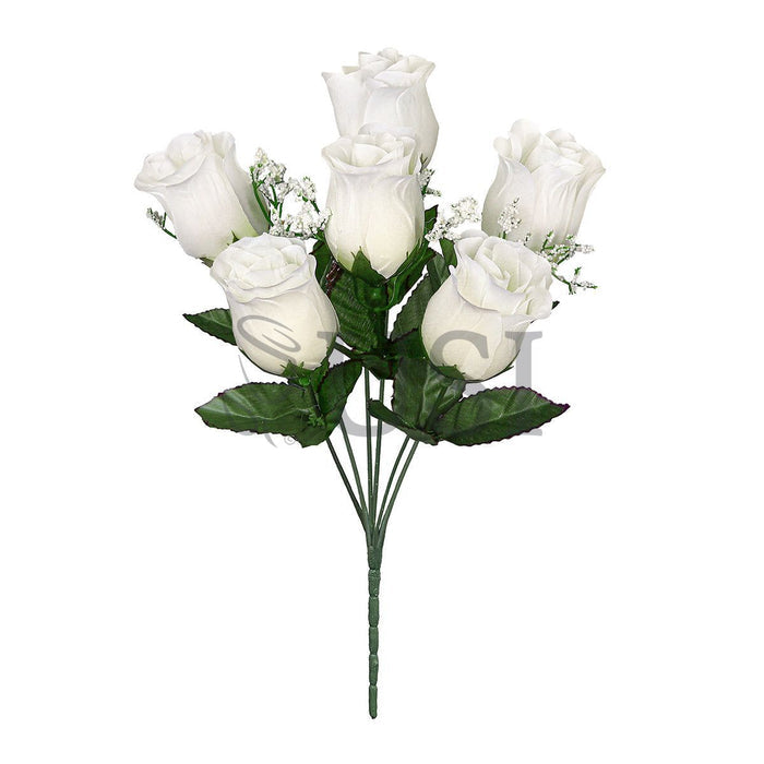 Standard Rose Bud Flower Bush w Gypsophila x6, 14in, Cream White