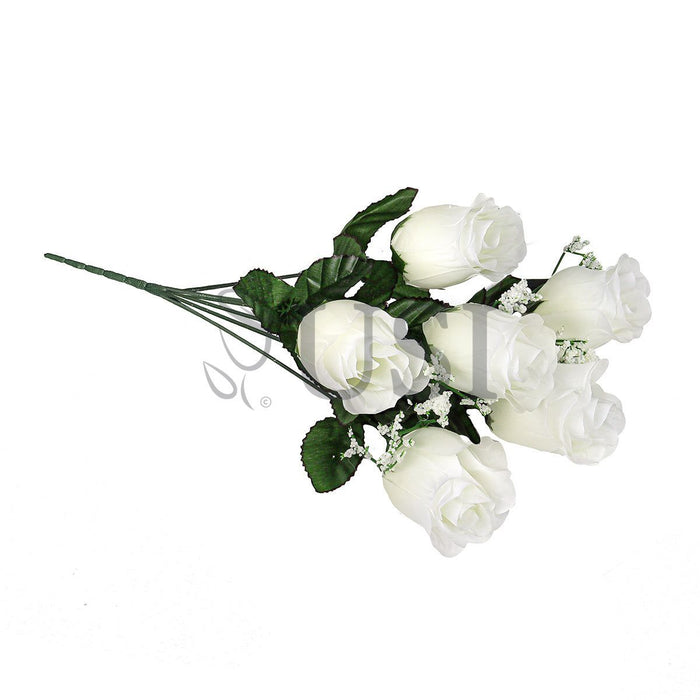 Standard Rose Bud Flower Bush w Gypsophila x6, 14in, Cream White