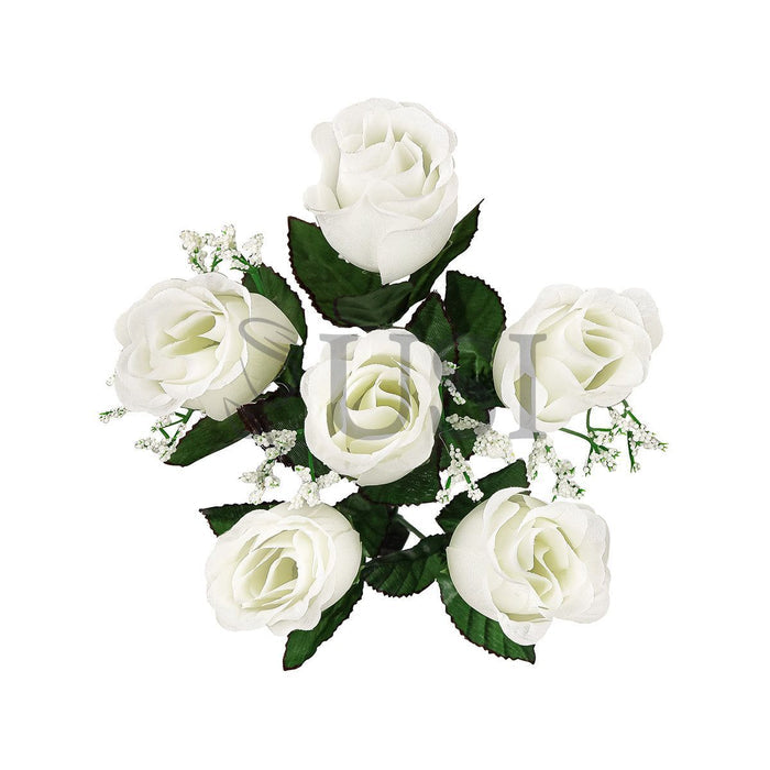 Standard Rose Bud Flower Bush w Gypsophila x6, 14in, Cream White